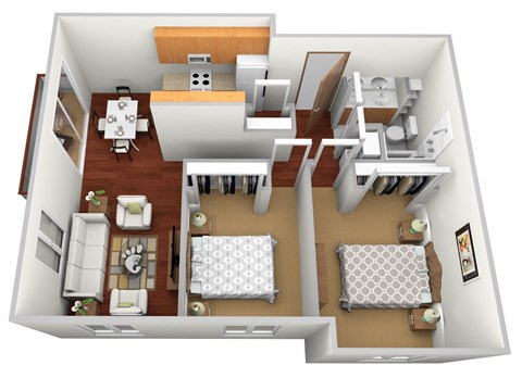 a 3d floor plan of a house with a bedroom and a living room